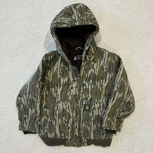 Carhartt Boys Canvas Insulated Hooded Jacket Size 7/8 Mossy Oak Bottomland Camo